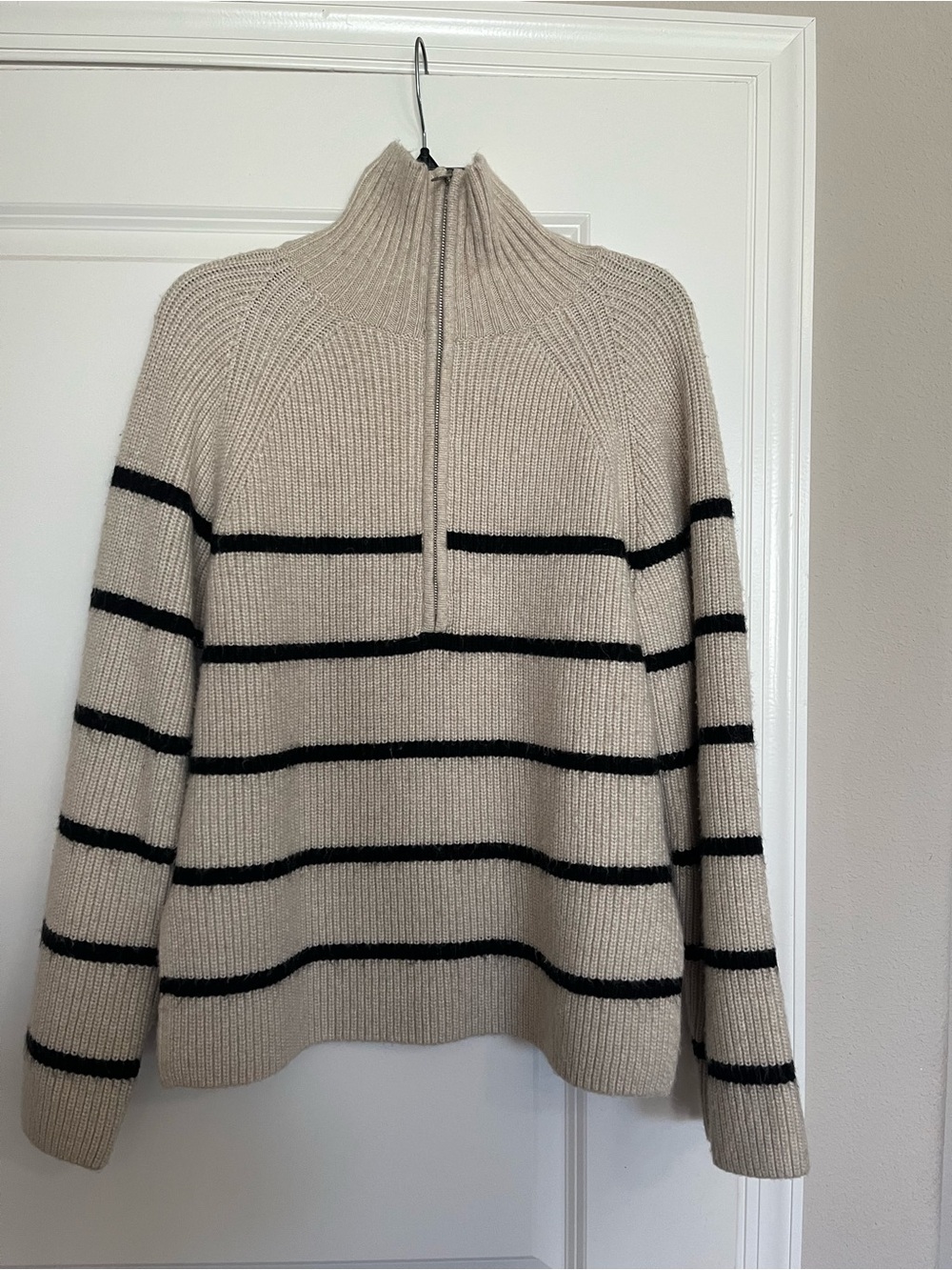 H&M Beige and Black Striped Quarter-Zip Turtleneck Sweater